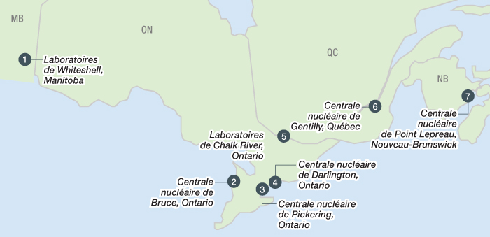 Cette carte montre les sept installations autorisées pour l’entreposage provisoire au Canada où le combustible nucléaire irradié est actuellement géré en toute sûreté.