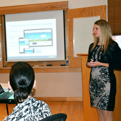 Michelle Dassinger of the NWMO making a presentation to the Huron-Kinloss Nuclear Waste Community Advisory Committee during its April meeting.