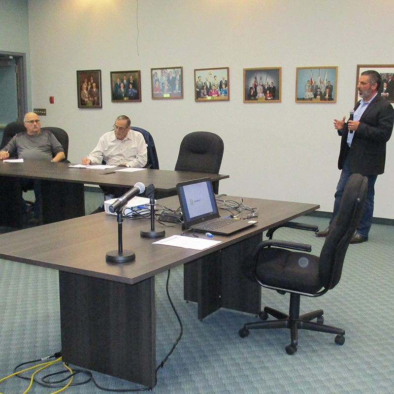 This photo depicts Derek Wilson of the NWMO providing a technical update at the October Manitouwadge Nuclear Waste Community Liaison Committee meeting.