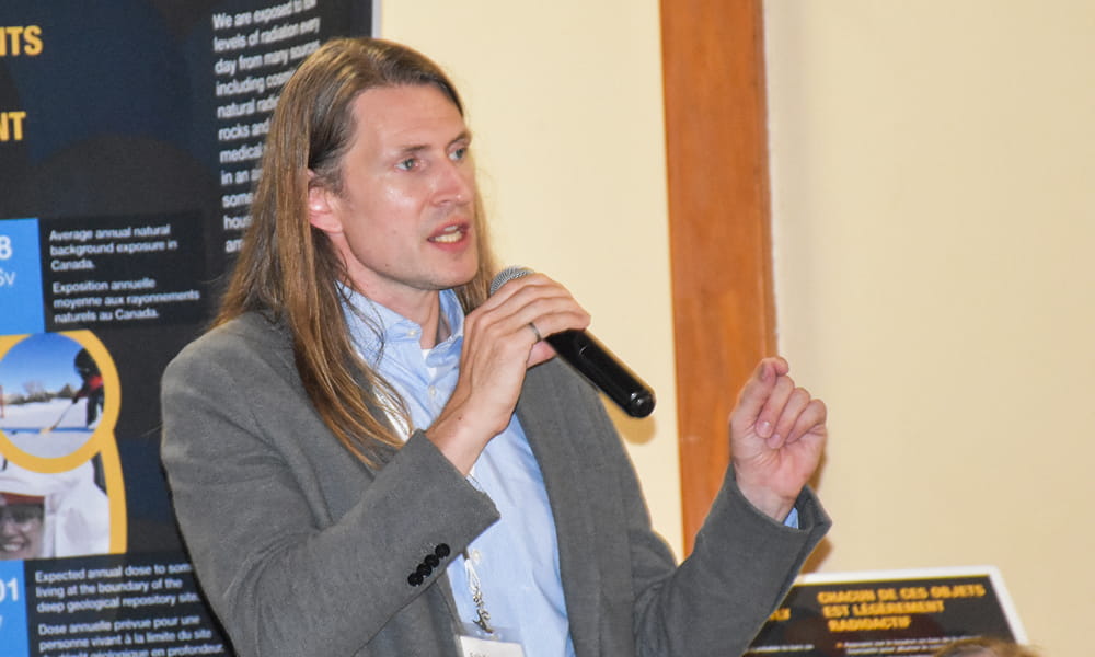 This photo shows a picture of Erik Kremer, NWMO Senior Engineer of Safety and Technical Research, at the Huron-Kinloss Nuclear Waste Management Symposium.