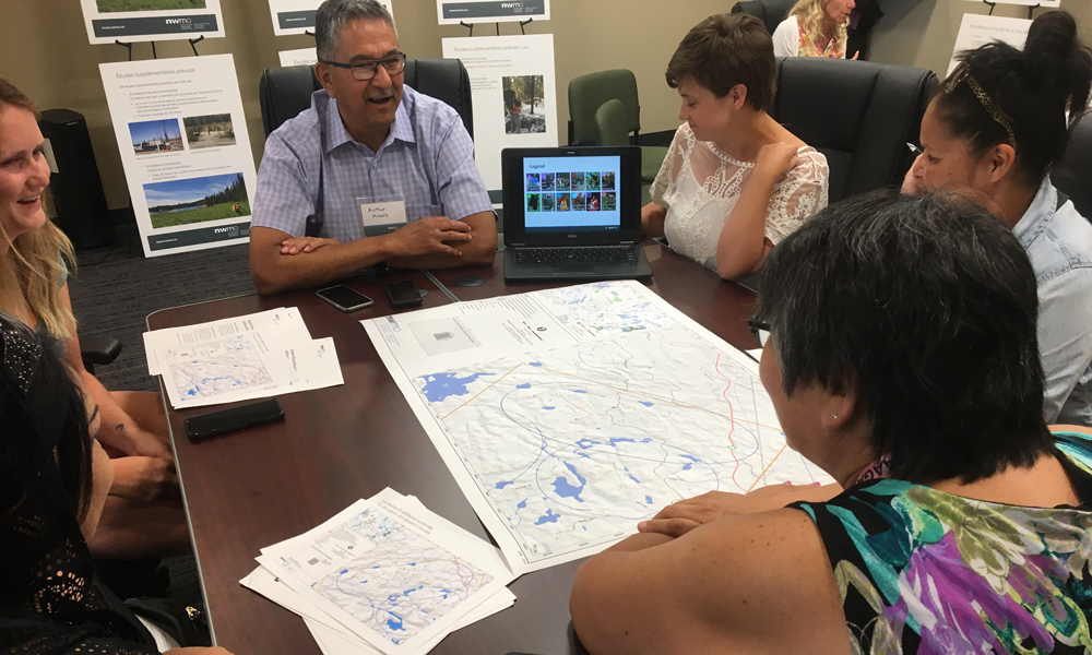 Image montrant six personnes examinant une carte sur une table.