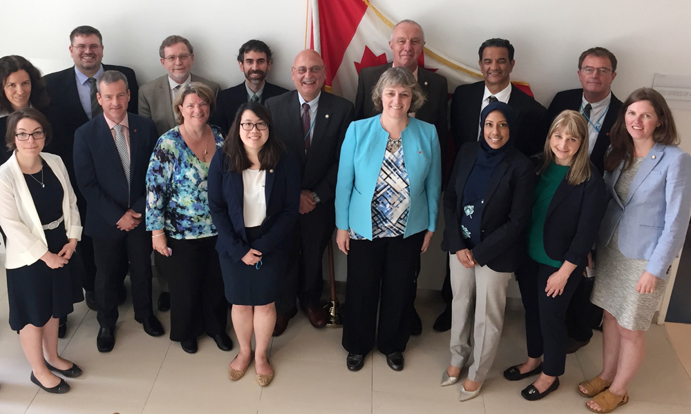 Image montrant un groupe important de personnes debout devant le drapeau canadien.