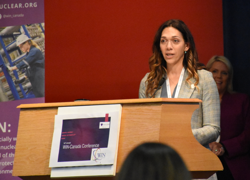 Daniela Heimlich, Senior Estimating Specialist with the NWMO’s Project Controls team, accepts the 2019 Harriet Brooks Award for her contribution to the success of WiN Canada, her work helping to raise awareness about nuclear technologies, and her commitment to inspiring interest in STEM professions and trades among women and young people.