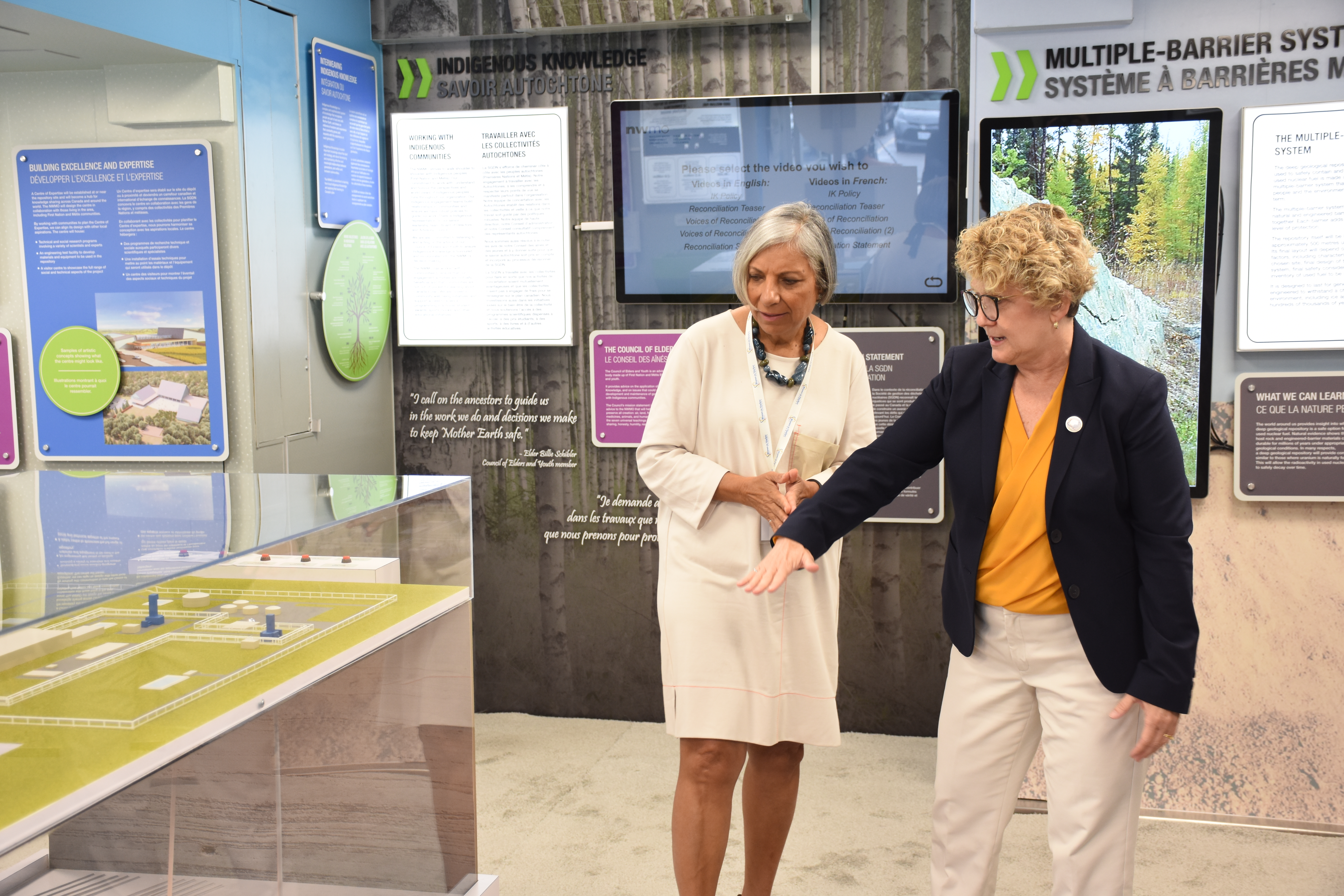 NWMO President and CEO Laurie Swami and Canadian Nuclear Safety Commission President and CEO Rumina Velshi walking through our Mobile Learn More Centre at the WiN Canada Conference in Port Elgin, Ont.