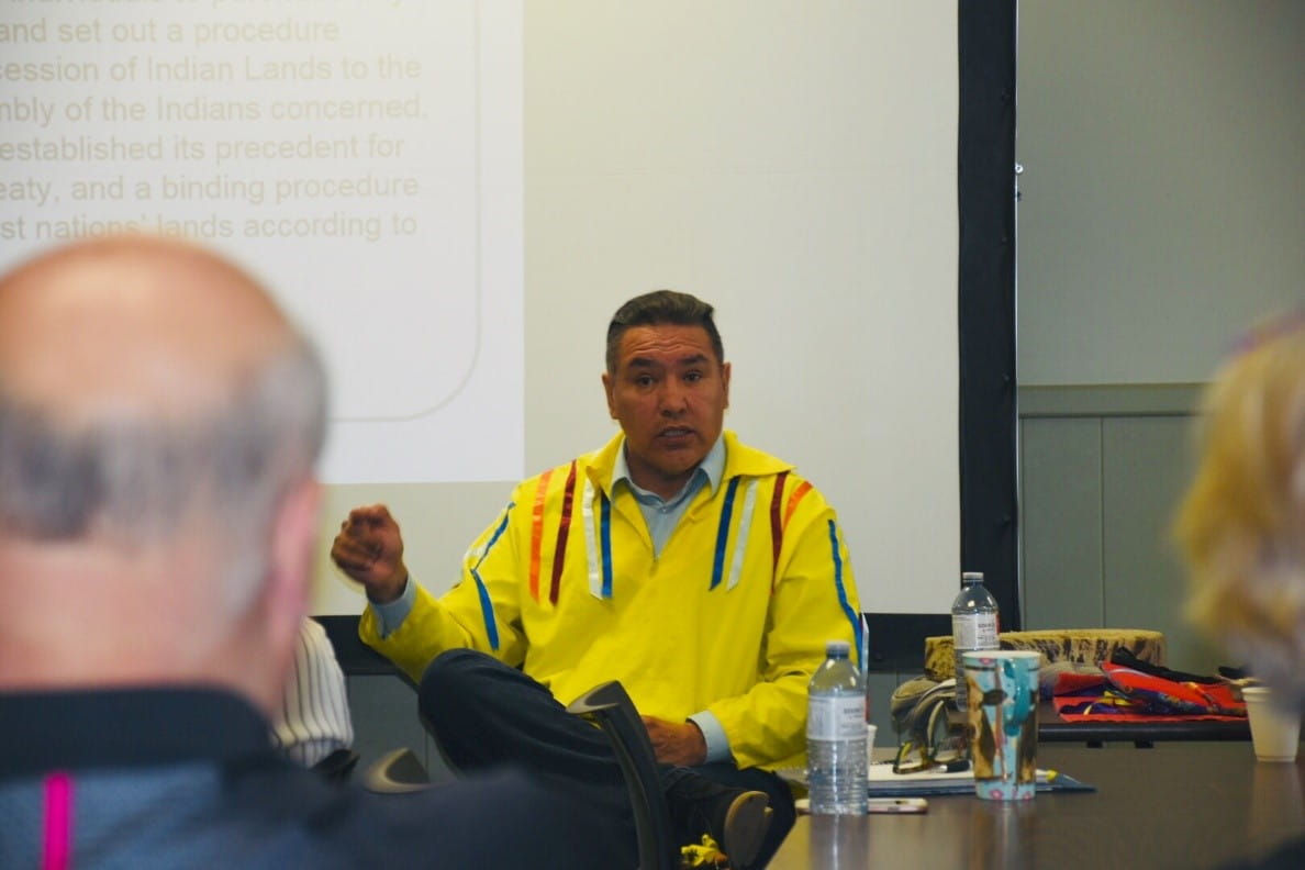 Lyndon Linklater from Thunderchild First Nation in Saskatchewan leads a cultural awareness training workshop in Bruce County.