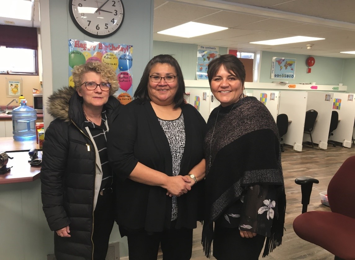 Left to right: Laurie Swami, NWMO President and CEO, Esther Ferris, teacher/principal at Josie Bluff Memorial Christian School, and Cheryl Fort, Mayor of Hornepayne, at Josie Bluff Memorial Christian School.