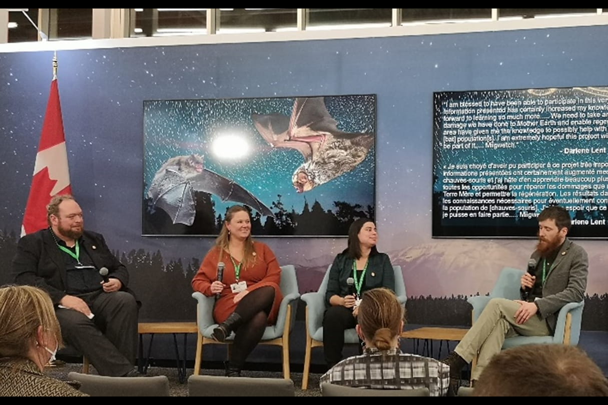 Speakers included (from left to right): James Wagar, Senior Engagement Advisor in Indigenous Engagement, NWMO; Melissa Mayhew, Senior Environmental Scientist, NWMO; Hope Hill, Consultation Advisor with the Lands, Resources and Consultation Branch, MNO; and Toby Thorne, Native Bat Conservation Program Coordinator, Toronto Zoo.