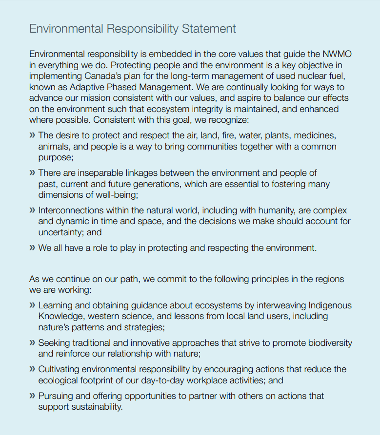 This is the NWMO Environmental Resonsibility Statement.