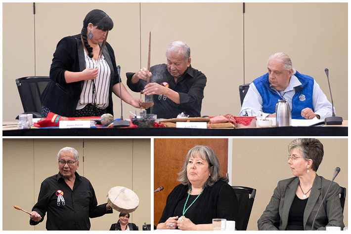 NWMO staff Jessica Perritt with Elder Fred Kelly, Bob Watts, Elder Diane Longboat, and Monique Hobbs at workshop to bridge western science and Indigenous Knowledge.