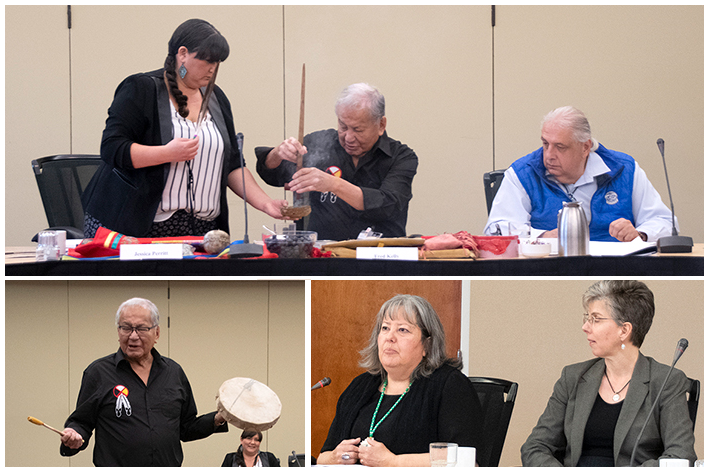 NWMO staff Jessica Perritt with Elder Fred Kelly, Bob Watts, Elder Diane Longboat, and Monique Hobbs at workshop to bridge western science and Indigenous Knowledge.