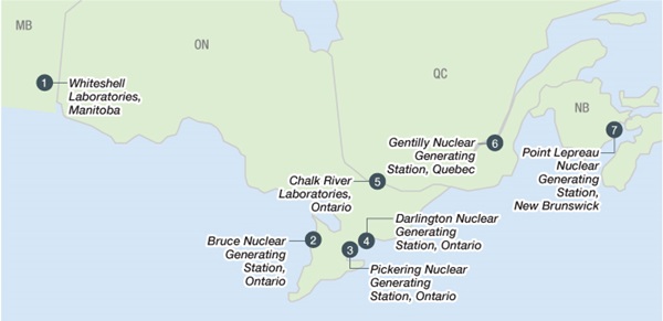 This illustration is a map showing the locations of licensed interim storage facilities in Canada.