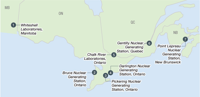 This illustration is a map showing the locations of licensed interim storage facilities in Canada.