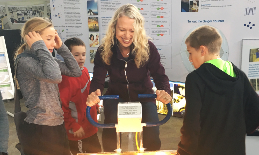 This photo shows a picture of South Bruce students exploring the Bruce Power Visitor Centre.
