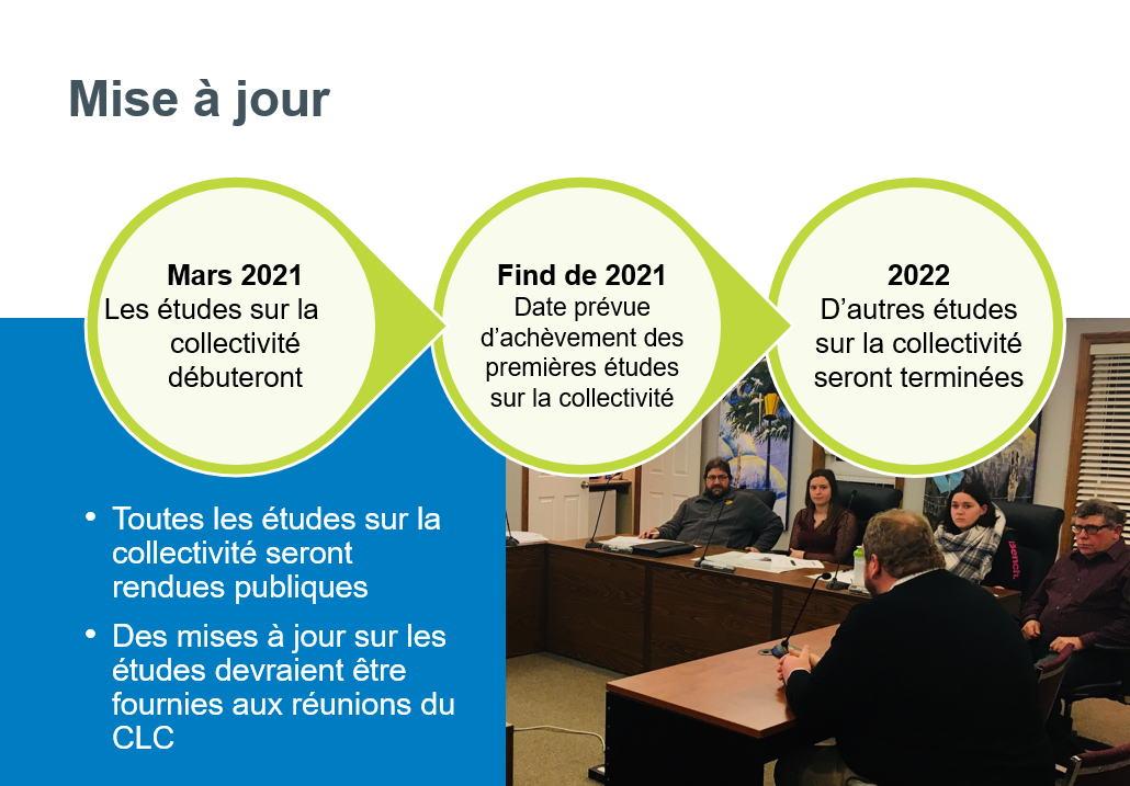 Les études sur la collectivité débuteront Mars 2021, date prévue d’achèvement des premières études sur la collectivité en fin de 2021, et d’autres études sur la collectivité seront terminées en 2022. Toutes les études sur la collectivité seront rendues publiques. Des mises à jour sur les études devraient être fournies aux réunions du CLC.