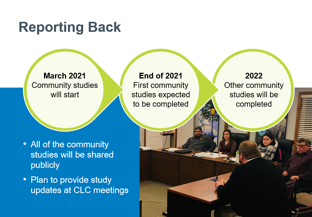 Community studies will start in March 2021, first community studies expected to be complete by end of 2021 and other community studies will be completed in 2022. All of the community studies will be shared publicly. Plan to provide study updates at CLC meeting