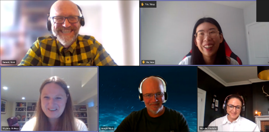 Clockwise from top left: Mark Barnett (RWM), Vera Yin (NWMO), Charlotte Niccolls (RWM), Mark Gough (RWM), and Melissa Mayhew (NWMO) participate in the third virtual learning exchange session on environmental data management.