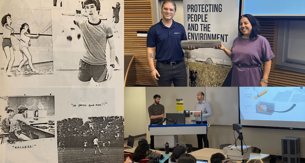 Black and white photos on the left feature participants from 1982 Shad program. Photos on the right feature the NWMO’s presentations at Shad program this year.